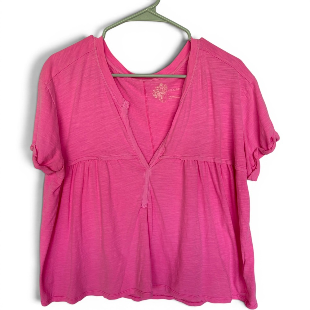 Pilcro Anthropologie Hot Pink Babydoll Slub Knit V-Neck Tee Top Large